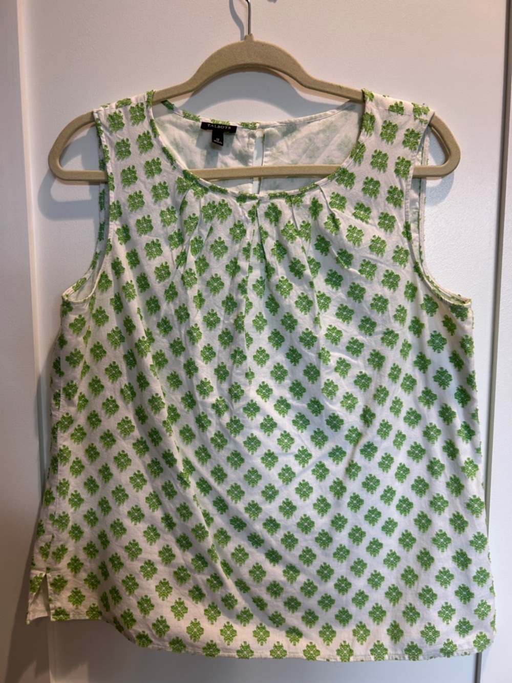 Talbots White & Green Floral-Embroidered Sleeveless Tank